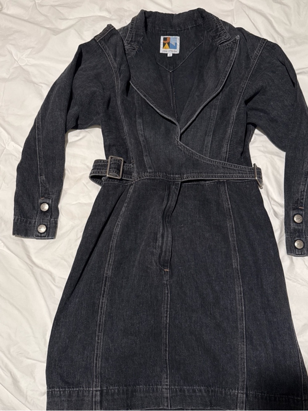 Black Denim Wrap Dress with Self-Tie Belt